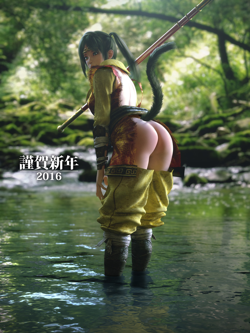 1girl 3d ass forest green_eyes green_hair incise_soul m-rs nature outdoors solo stick tail water