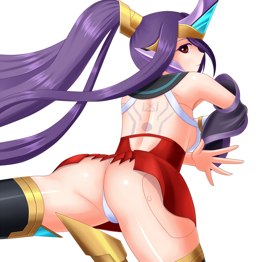 1girl ass bare_shoulders blazblue blazblue:_central_fiction hades_izanami headgear highres loincloth long_hair looking_back mikado_(blazblue) no_bra panties ponytail purple_hair red_eyes red_skirt sideboob simple_background skirt solo thighhighs underwear very_long_hair white_panties wiz_(shadow)