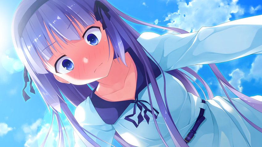 1girl belt blue_eyes blush closed_mouth cloud clouds collarbone female game_cg hairband ichiban_janakya_dame_desu_ka? kinta_(distortion) long_hair long_sleeves mitsuki_ruri purple_hair rosebleu solo sunbeam