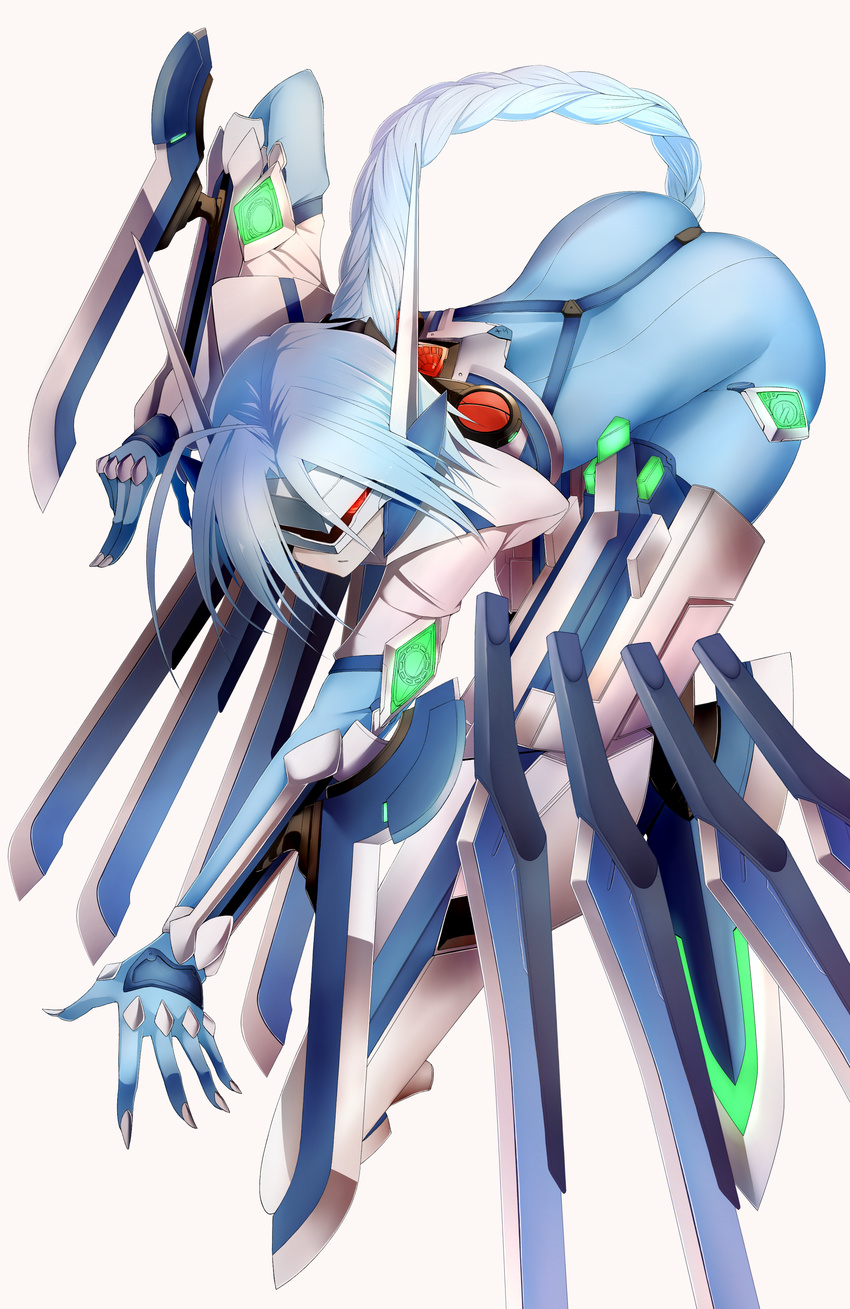 absurdres ahoge arm_guards armor armored_boots ass bad_id bad_pixiv_id bent_over black_ribbon blazblue blue_gloves blue_hair bodysuit boots braid elbow_gloves expressionless full_body gloves glowing hair_between_eyes hair_ribbon hair_weapon helmet highres inaba_sunimi leaning leaning_forward long_hair machinery mechanical_wings nu-13 pale_skin red_eyes ribbon simple_background single_braid solo spiked_hair spread_fingers suspenders thigh_boots thighhighs unitard very_long_hair white_background wings