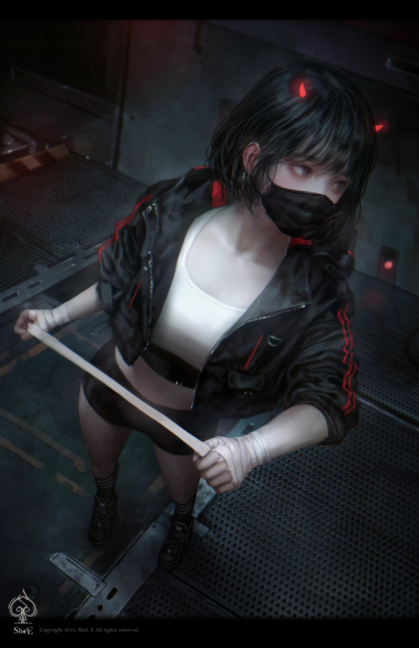 1girl absurdres bandage bandaged_arm bandages black_footwear black_hair black_jacket black_legwear black_shorts breasts brown_eyes commentary crop_top dark face_mask from_above highres holding horns indoors jacket kneehighs letterboxed long_sleeves looking_away making_of mask midriff open_clothes open_jacket original shal.e shirt shoes short_hair short_shorts shorts sidelocks sleeves_pushed_up sneakers solo standing thighs watermark white_shirt