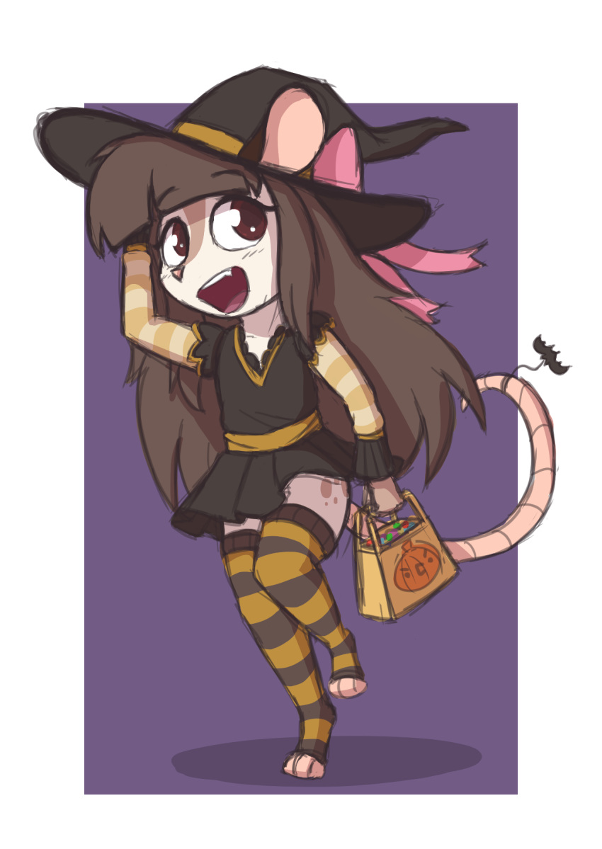 2018 aggie_(artist) anthro bag bow brown_eyes brown_fur brown_hair candies clothed clothing cub didelphid digital_media_(artwork) dress female food fur hair halloween hat holding_object holidays legwear long_hair mammal marsupial open_mouth simple_background smile socks solo spots standing stockings young