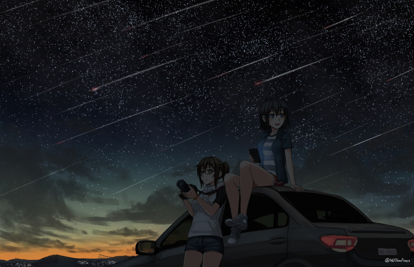 2girls :d arm_support bangs black_hair black_shorts blue_eyes blue_jacket blush brown_eyes brown_hair camera car cellphone closed_mouth cloud cloudy_sky commentary drawstring eyebrows_visible_through_hair falling_star grey_footwear ground_vehicle hair_between_eyes hair_ornament hairclip highres holding holding_camera holding_cellphone holding_phone hood hood_down hoodie jacket motor_vehicle multiple_girls ndtwofives night night_sky on_vehicle open_clothes open_jacket open_mouth original outdoors phone ponytail red_shorts shirt shoe_soles shoes short_shorts short_sleeves shorts sitting sky smile standing star_(sky) starry_sky striped striped_shirt twitter_username white_hoodie