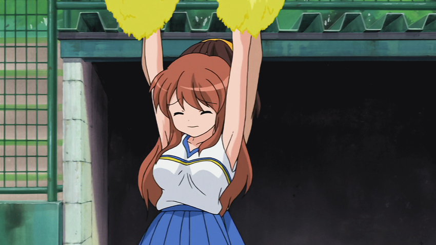 animated animated_gif armpits asahina_mikuru bounce bouncing_breasts breasts brown_hair cheerleader eyes_closed large_breasts long_hair pom_poms sleeveless suzumiya_haruhi suzumiya_haruhi_no_yuuutsu