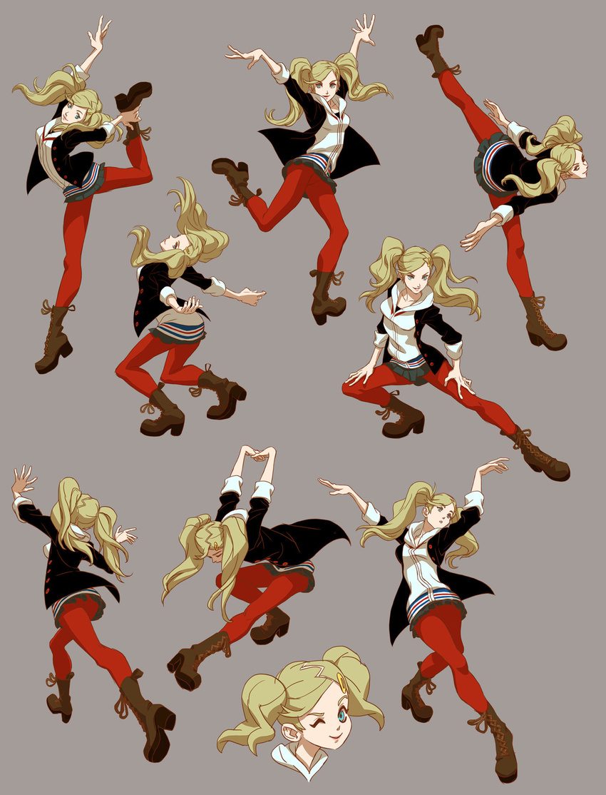blonde_hair blue_eyes boots breasts brown_boots character_sheet collarbone dancing grey_background grey_skirt hood hoodie leg_lift leg_up long_sleeves miniskirt new_milky newmilky one_eye_closed pantyhose persona persona_5 pose red_legwear simple_background skirt smile stretch takamaki_ann twintails wink