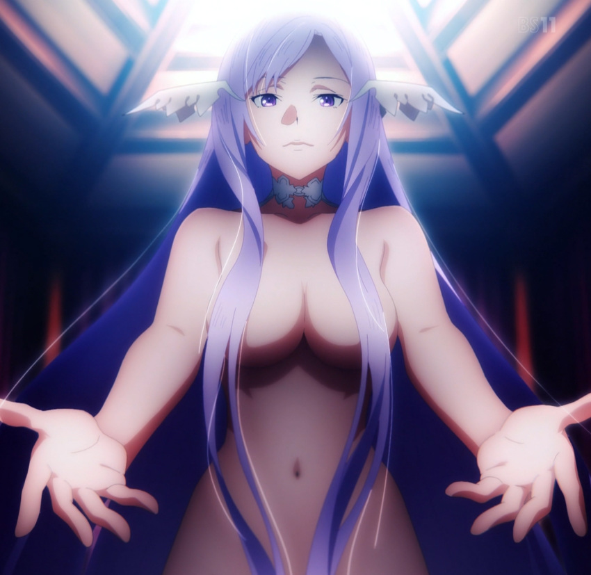 1girl breasts choker come_hither hair_ornament highres large_breasts long_hair looking_at_viewer navel nude purple_eyes purple_hair quinella screencap stitched sword_art_online tagme third-party_edit