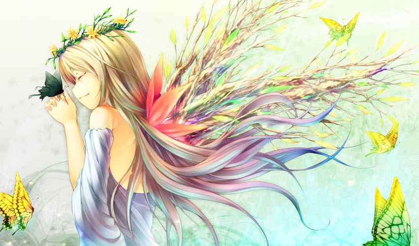 back bare_back blonde_hair bug butterfly closed_eyes flower gradient_hair hands_clasped head_wreath insect light_smile long_hair multicolored_hair original own_hands_together profile purple_hair smile solo wings yoshino_ryou yuri-chan
