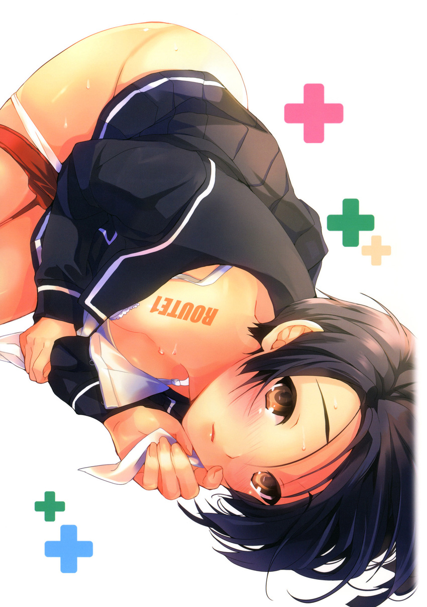 black_hair blush bra_strap brown_eyes face highres kobayakawa_rinko love_plus lying school_uniform serafuku short_hair solo sweat taira_tsukune