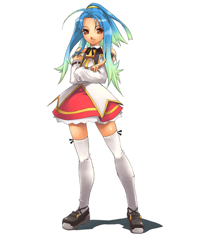 ahoge bare_shoulders bell blue_hair bow_legwear crossed_arms detached_sleeves full_body gradient_hair green_hair high_ponytail highres hirano_katsuyuki long_hair looking_at_viewer lute_(spectral_souls) miniskirt multicolored_hair off_shoulder official_art platform_footwear pointing ponytail red_eyes ribbon scrunchie shadow shoes sidelocks simple_background skirt smile solo spectral_(series) spectral_souls standing thighhighs turtleneck white_background white_legwear zettai_ryouiki