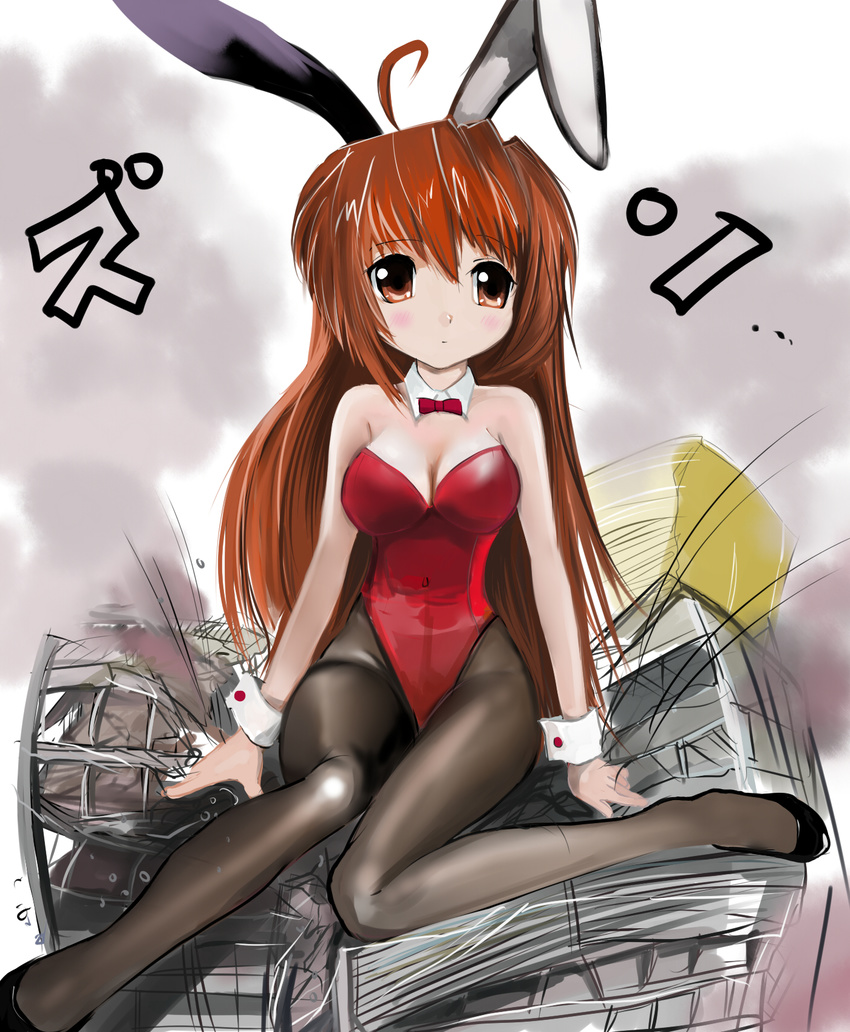 animal_ears asahina_mikuru bad_id bad_pixiv_id bare_shoulders blush breasts brown_eyes brown_hair building bunny_ears bunnysuit city cleavage crushing destruction detached_collar giantess highres inuyama long_hair medium_breasts pantyhose sitting solo suzumiya_haruhi_no_yuuutsu wrist_cuffs