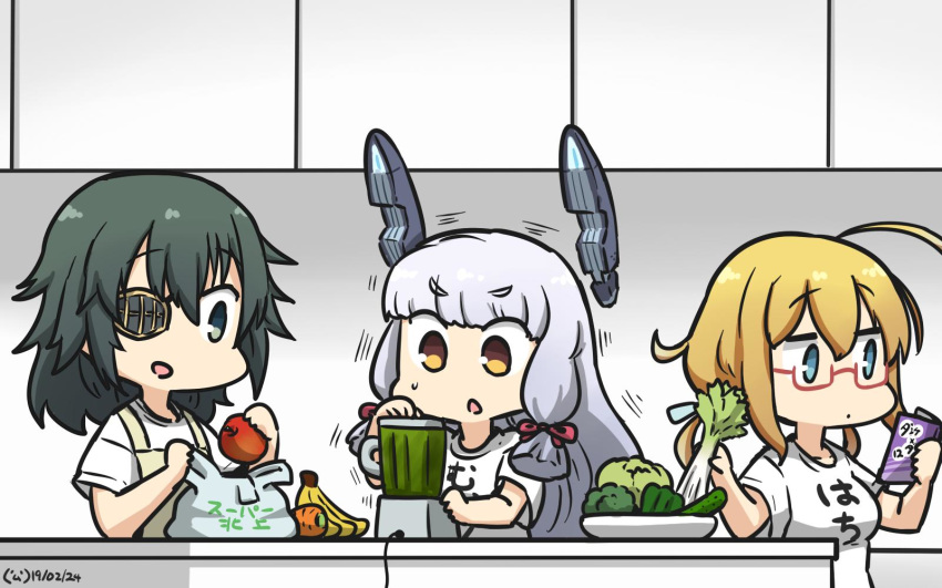 3girls alternate_costume apple apron bag banana bell_pepper blender blonde_hair blue_eyes book brown_eyes carrot celery commentary_request counter cucumber dated eyepatch food fruit glasses green_eyes green_hair hair_ribbon hamu_koutarou headgear highres i-8_(kantai_collection) kantai_collection kiso_(kantai_collection) long_hair low_twintails medium_hair multiple_girls murakumo_(kantai_collection) pepper plastic_bag reading red-framed_eyewear ribbon shirt sidelocks silver_hair t-shirt tress_ribbon twintails vegetable white_hair white_shirt