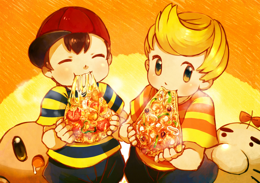 4boys black_hair blonde_hair crossover food kirby kirby_(series) lucas mother_(series) mr_saturn multiple_boys ness nintendo pizza short_hair super_smash_bros.