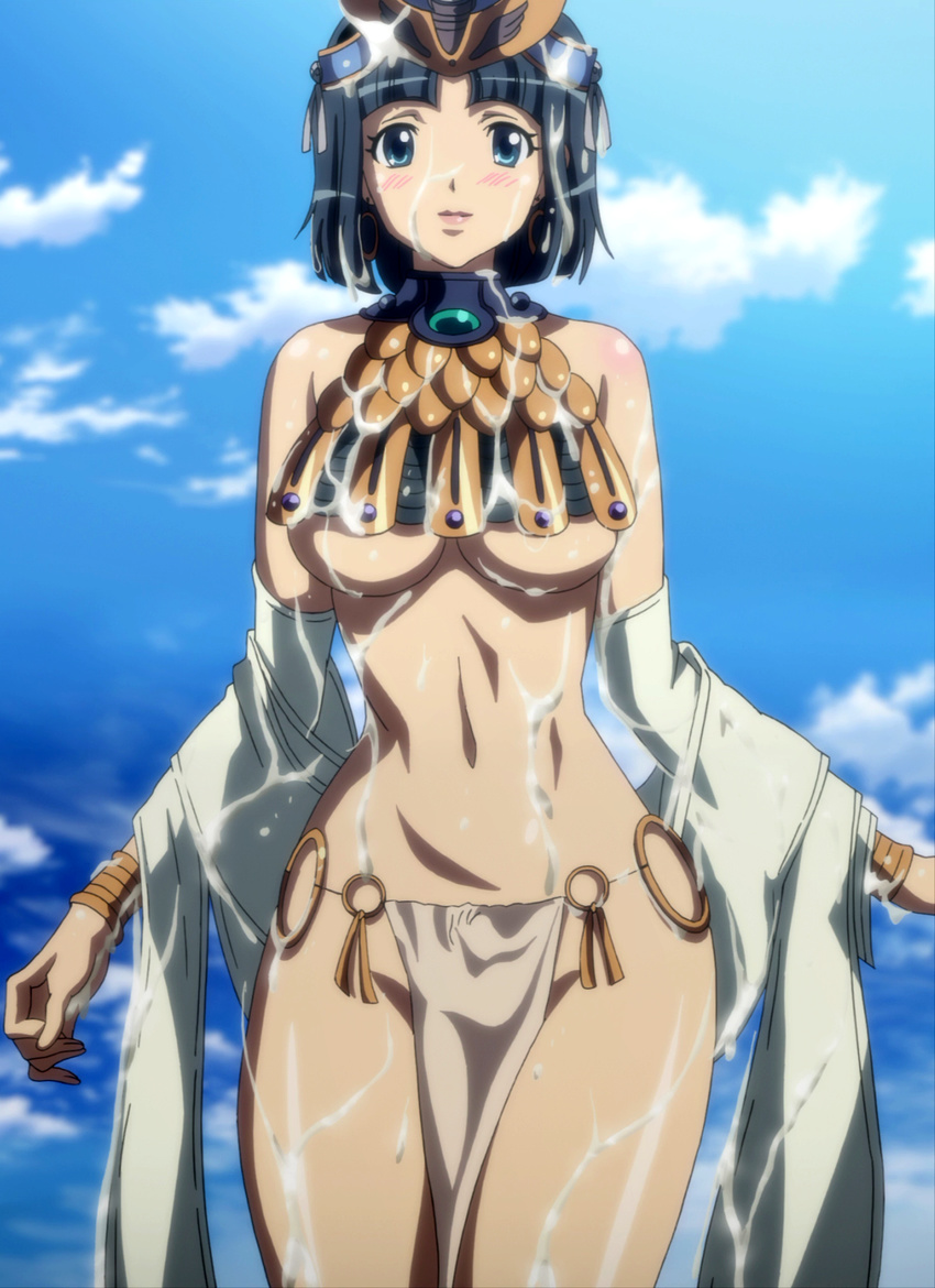 1girl absurdres bangs bare_shoulders black_hair blue_eyes blush bracelet breasts cloud cloudy_sky cowboy_shot cropped_legs crown curvy earrings female highres jewelry large_breasts light_smile loincloth looking_at_viewer lots_of_jewelry menace navel outdoors queen's_blade queen's_blade_rebellion queen's_blade_vanquished_queens queen's_blade queen's_blade_rebellion queen's_blade_vanquished_queens screencap short_hair sky smile solo standing stitched underboob underwear wet wet_clothes