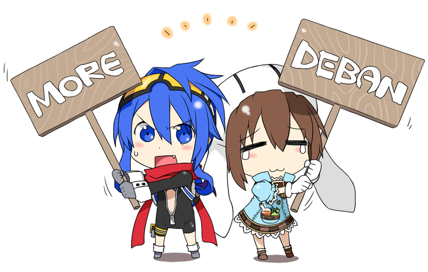 &gt;:| 2girls :3 =_= blue_hair bodysuit brown_hair chibi choujigen_game_neptune commentary_request compile_heart gust_(choujigen_game_neptune) hat idea_factory long_hair more_deban multiple_girls neptune_(series) nippon_ichi_(choujigen_game_neptune) parody ponytail sign sweatdrop tears