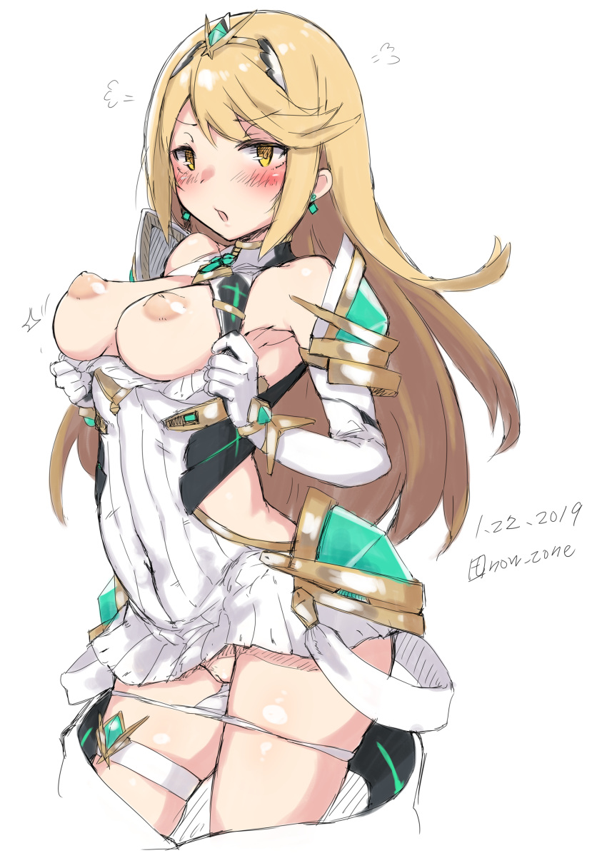 1girl absurdres bangs blonde_hair blush breasts breasts_outside contrapposto cowboy_shot dated dress dress_pull earrings elbow_gloves eyebrows_visible_through_hair gloves hairband highres hikari_(xenoblade_2) imazon jewelry long_hair looking_at_viewer medium_breasts nintendo nipples panties panty_pull perky_breasts short_dress sidelocks simple_background solo swept_bangs thigh_strap underwear white_background white_dress white_gloves white_panties xenoblade_(series) xenoblade_2 yellow_eyes