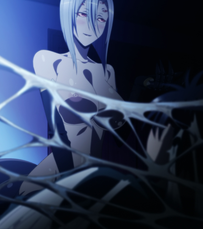 1boy 1girl breasts highres kurusu_kimihito large_breasts monster_girl monster_musume_no_iru_nichijou nipples nude rachnera_arachnera red_eyes short_hair sitting smile spider_girl spider_web stitched web