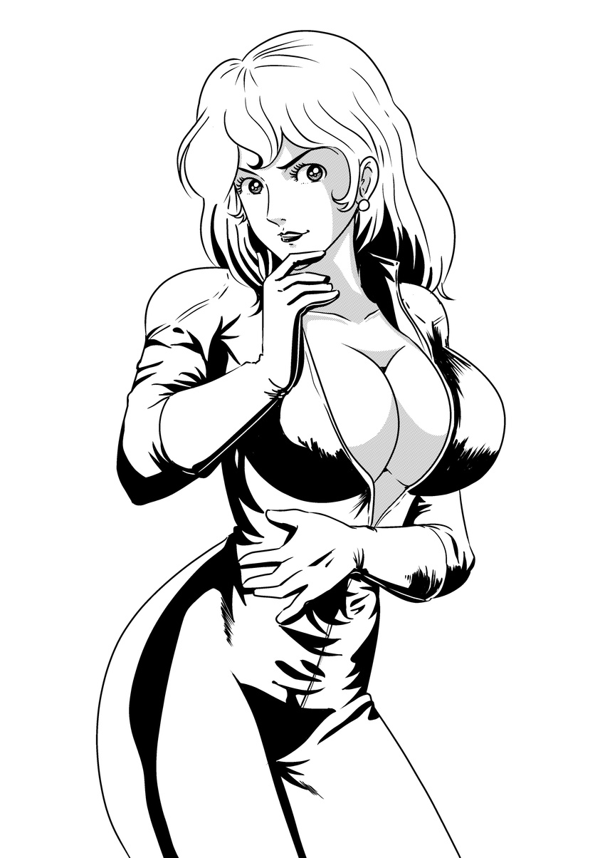 bodysuit breasts cleavage earrings eyelashes gloves highres huge_breasts jewelry kanaman7 lipstick long_hair looking_at_viewer lupin_iii makeup mine_fujiko monochome monochrome simple_background skin_tight solo