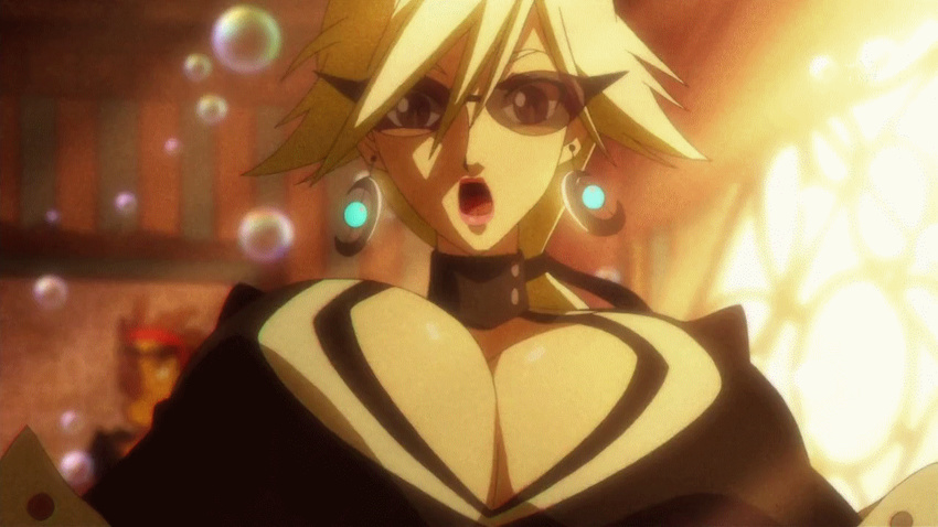 animated animated_gif basquash! blonde_hair breast_grab breasts cleavage covering covering_breasts earrings grabbing haruka_gracia huge_breasts jewelry lipstick makeup ponytail sunglasses