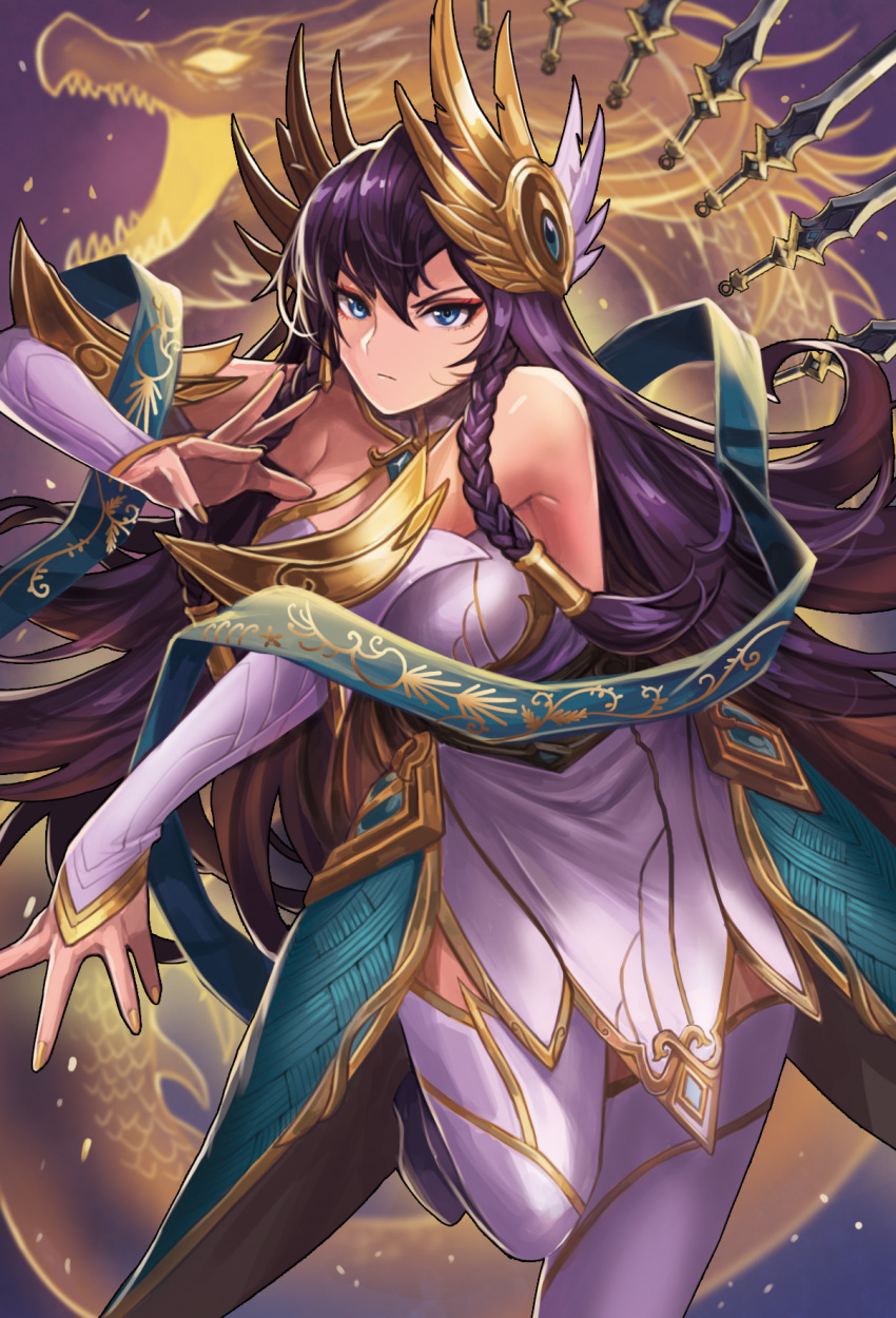 1girl alternate_costume bare_shoulders blue_eyes breasts detached_sleeves drogod fighting_stance floating_swords highres irelia large_breasts league_of_legends looking_at_viewer purple_hair tagme thighhighs zettai_ryouiki