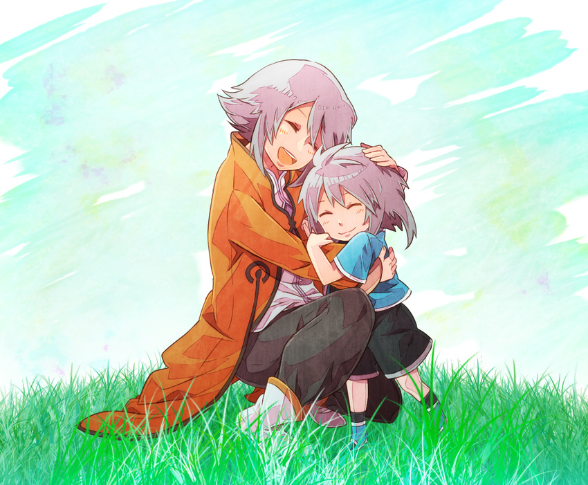 1boy 1girl blush brother_and_sister capelet coat eyes_closed genius_sage grass grey_hair hug open_mouth pants refill_sage shoes short_hair shorts siblings smile socks tales_of_(series) tales_of_symphonia