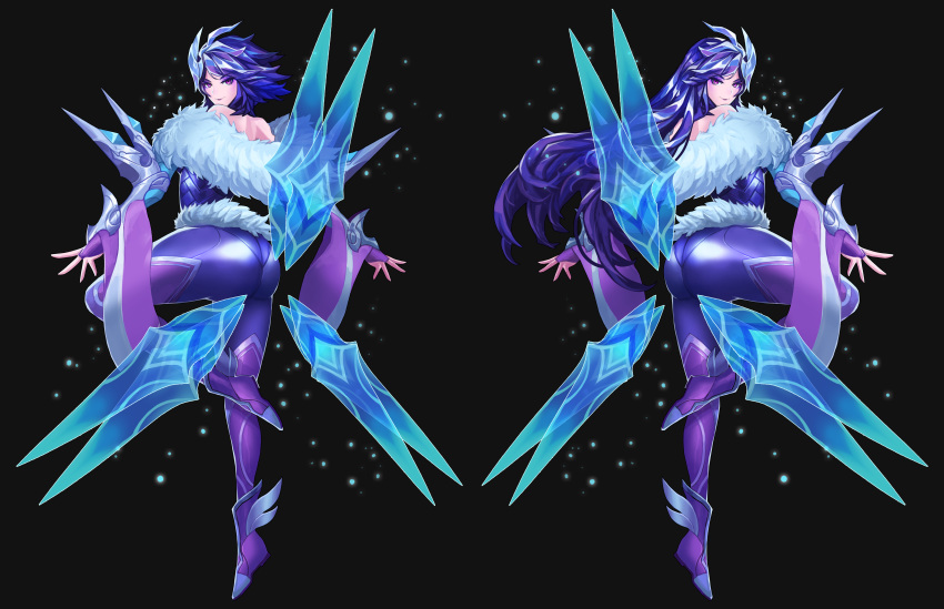2girls absurdres ass black_background blue_hair drogod dual_persona floating_swords frostblade_irelia highres irelia league_of_legends leg_lift long_hair looking_at_viewer looking_back multiple_girls purple_eyes short_hair simple_background skin_tight tagme