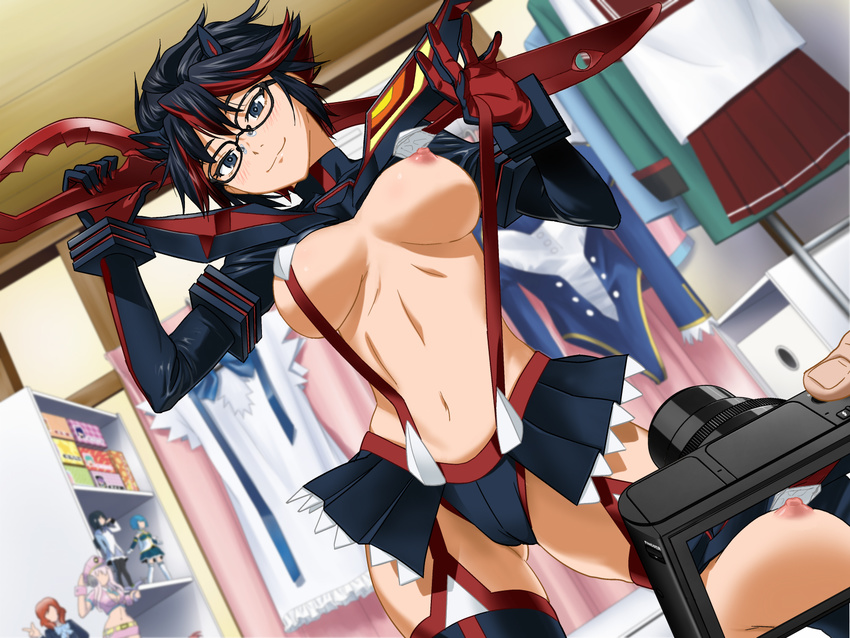 1girl areolae bedroom blush breasts cameltoe camera clownculture cosplay covering_nipples figure glasses holding indoors kill_la_kill large_breasts legs long_sleeves looking_down male_hand matoi_ryuuko multicolored_hair naughty_face navel nipples original panties posing short_hair smile solo_focus standing suspenders thighhighs thighs underwear