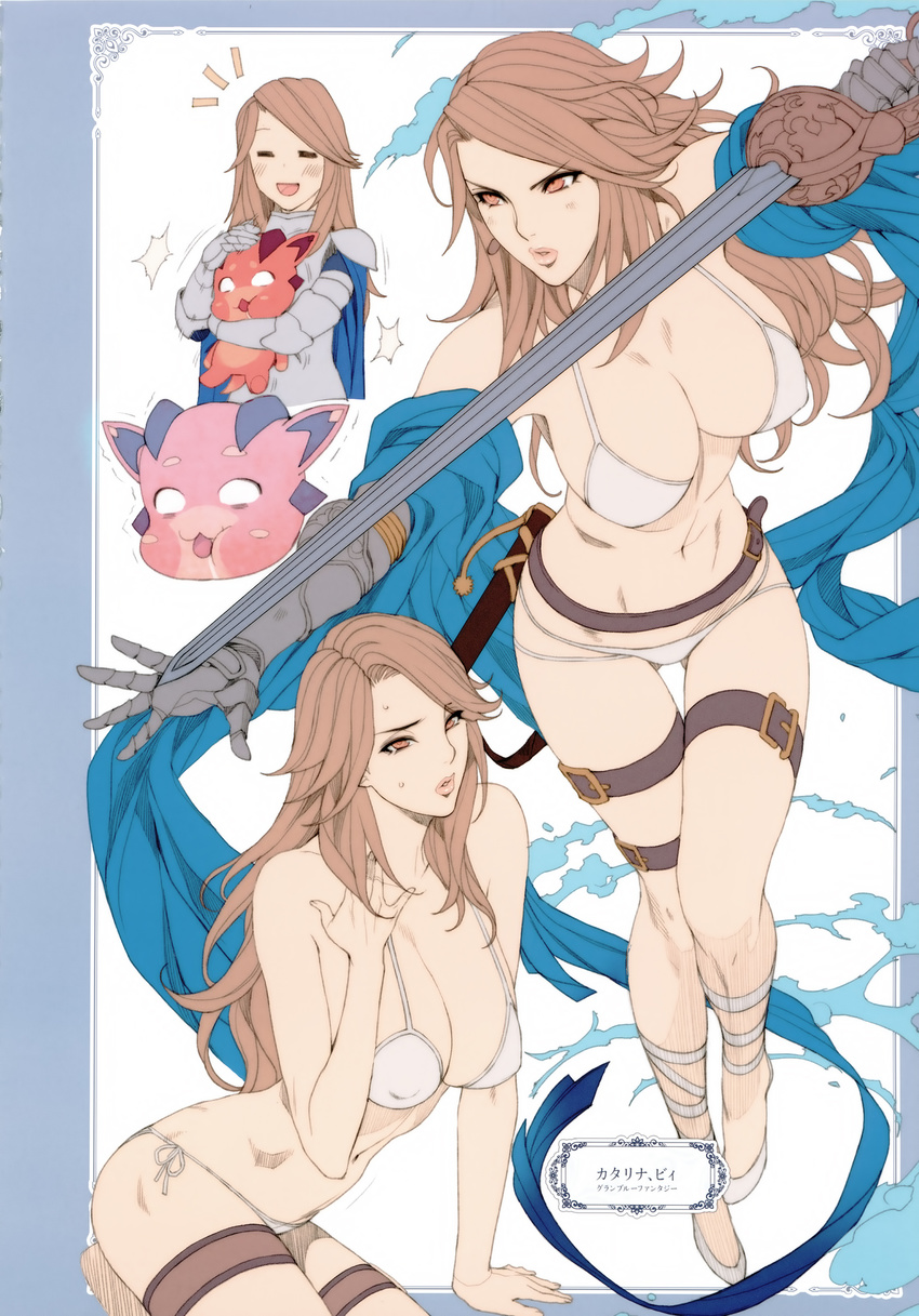 armor belt beltskirt bikini bikini_top blush breasts brown_hair catalina_(granblue_fantasy) character_name cleavage erect_nipples eyes_closed feet full_body gauntlets granblue_fantasy highres holding holding_weapon katarina_(granblue_fantasy) large_breasts legs long_hair looking_at_viewer navel oda_non open_mouth orange_eyes over_shoulder sandals scabbard serious shawl sheath sitting smile swimsuit sword thigh_strap thighs thong weapon