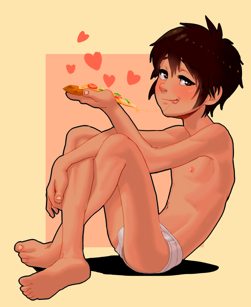 1boy barefoot big_hero_6 blush briefs brown_eyes brown_hair bulge child eating feet food heart highres hiro_hamada last_challenge looking_at_viewer male male_focus nipples pizza short_hair simple_background sitting solo toes tongue underwear