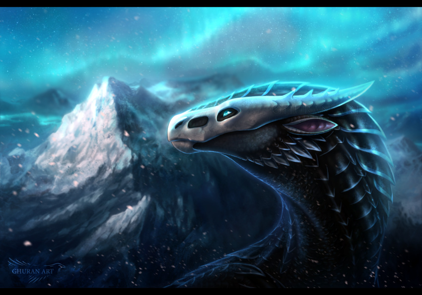 2019 ambiguous_gender black_bars blue_eyes digital_media_(artwork) dragon feral horn hydlunn night outside scales sky snow snowing solo star starry_sky