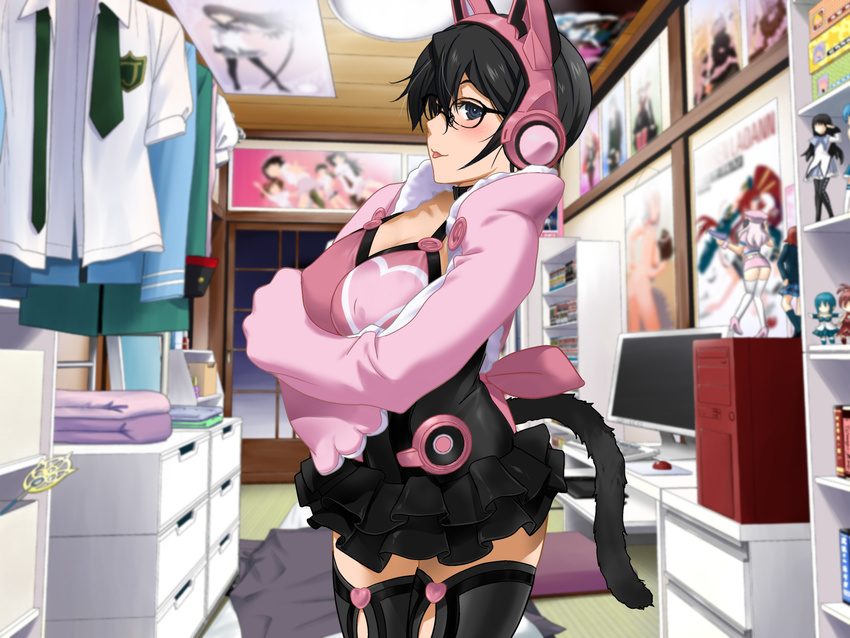 1girl bedroom black_hair blue_eyes blush breasts cleavage clownculture computer cosplay erect_nipples fake_tail female figure futon glasses headphones large_breasts legs long_sleeves looking_at_viewer lucky_chloe original poster school_uniform short_hair skirt solo standing table tekken tekken_7 thighhighs thighs tongue tongue_out