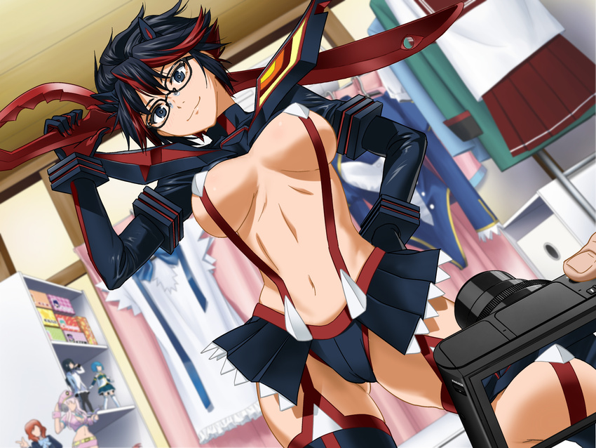 1girl bedroom blush breasts cameltoe camera clownculture cosplay covering_nipples figure glasses holding kill_la_kill large_breasts legs long_sleeves looking_down matoi_ryuuko multicolored_hair navel original panties posing short_hair smile solo_focus standing suspenders thighhighs thighs underwear