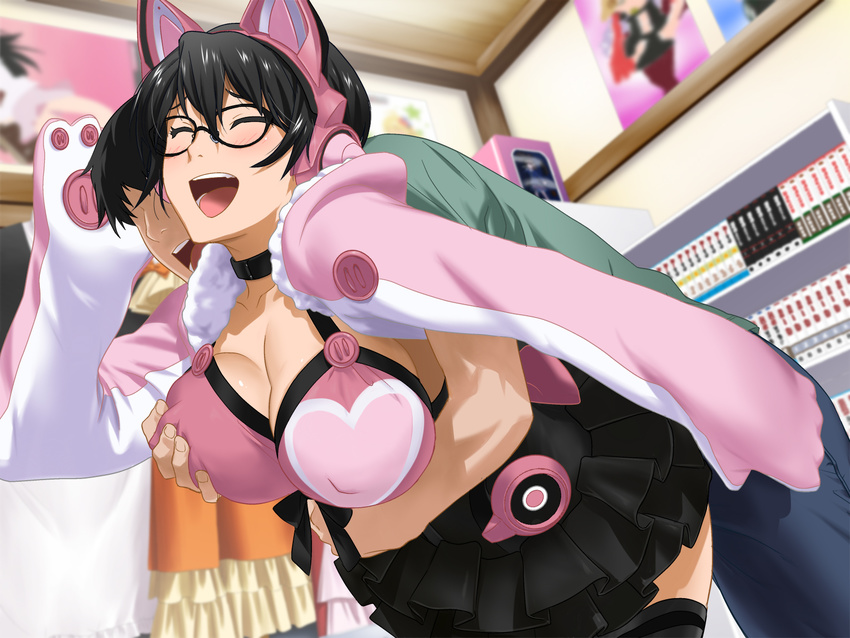 1girl black_hair blush breast_grab breasts cat_ears cleavage clownculture cosplay erect_nipples eyes_closed glasses grabbing headphones large_breasts leaning_forward long_sleeves lucky_chloe open_mouth original poster short_hair skirt tekken tekken_7 thighhighs