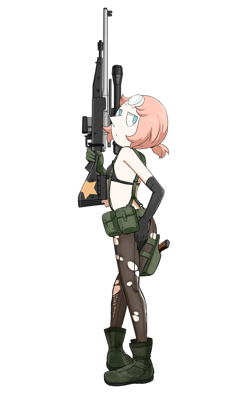 blue_eyes cosplay gnome-no looking_back metal_gear_solid pearl_(steven_universe) pink_hair quiet_(metal_gear) quiet_(metal_gear)_(cosplay) sniper_rifle steven_universe