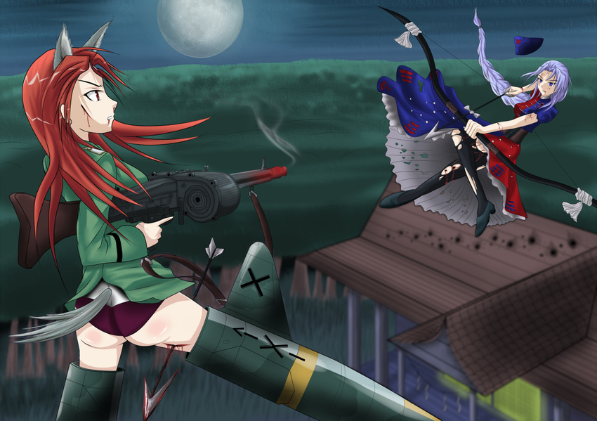 &gt;:( 2girls arrow bleeding blood crossover flying gun jatts minna-dietlinde_wilcke moon multiple_girls nighttime outdoors strike_witches touhou weapon yagokoro_eirin