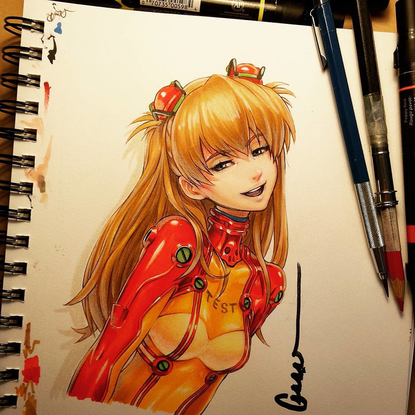 blonde_hair blue_eyes breasts cleavage grin hair_ornament latex long_hair neon_genesis_evangelion omar_dogan photo plugsuit rebuild_of_evangelion skin_tight smile soryu_asuka_langley test_plugsuit traditional_art turtleneck