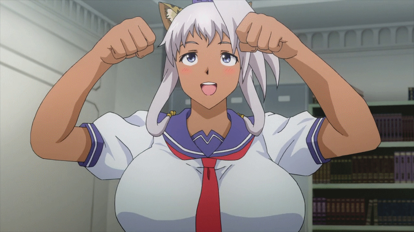 akaza_chacha animated animated_gif bounce bouncing_breasts breasts dark_skin huge_breasts maken-ki! paw_pose ponytail silver_hair