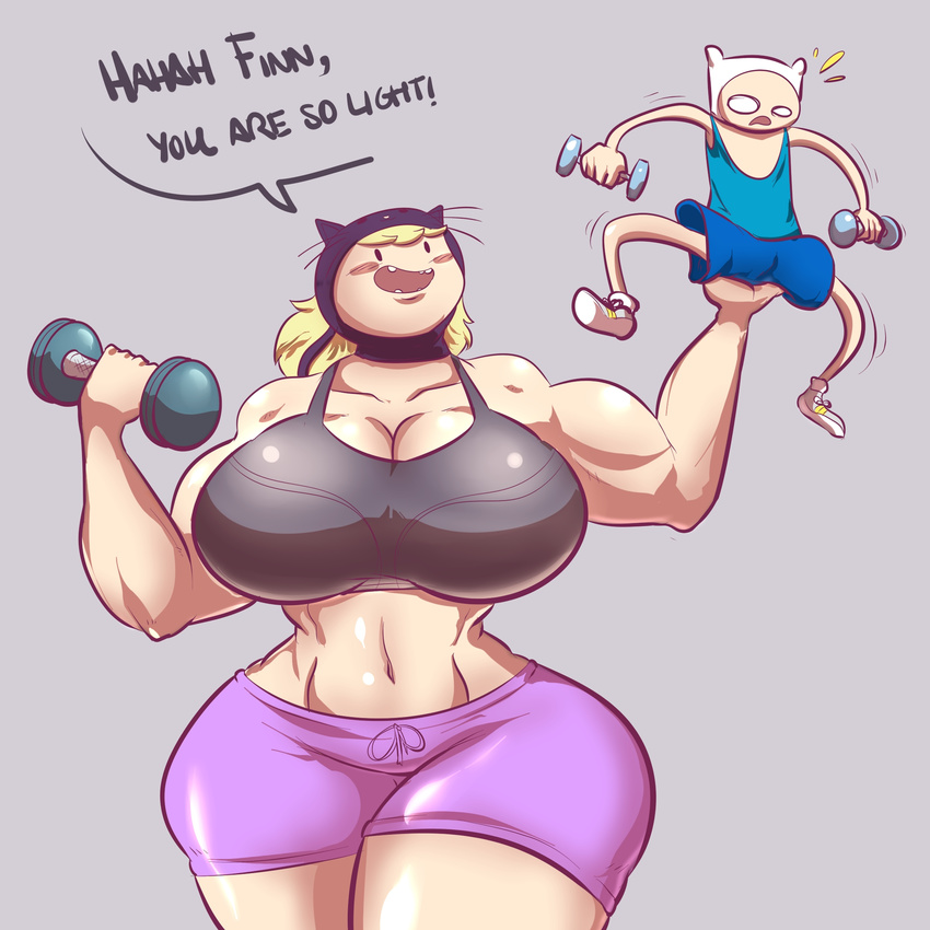 1boy 1girl adventure_time bangs blonde_hair blush blush_stickers breasts curvy dumbbell exercise finn grey_background hood huge_breasts long_hair midriff muscle open_mouth shorts simple_background size_difference susan_strong xanafar