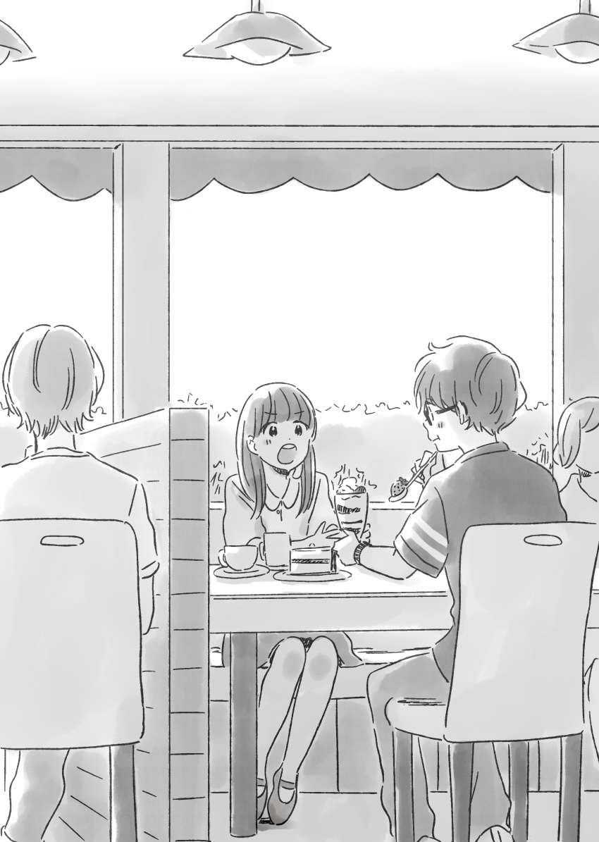 2boys 2girls :o :t absurdres ai_x_suugaku_x_tanka awning backlighting bangs blunt_bangs bush cafe cake chair character_request cup dessert drink eating eye_contact eyebrows_visible_through_hair food from_behind fruit glasses greyscale hand_up highres holding holding_spoon indoors itunohika long_hair looking_at_another mary_janes monochrome mug multiple_boys multiple_girls open_mouth pants parfait profile round_teeth saucer shadow shoes short_sleeves sitting skirt slice_of_cake spoon strawberry table tareme teacup teeth v-shaped_eyebrows watch wristwatch