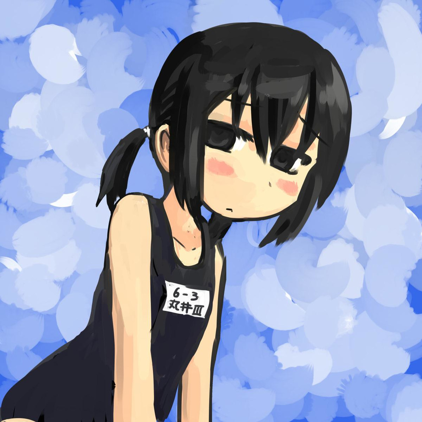 1girl bangs black_eyes black_hair blue_background blush frown hair_over_eyes highres marui_hitoha mitsudomoe one-piece_swimsuit school_swimsuit short_hair solid_circle_eyes solo swimsuit translation_request upper_body uten