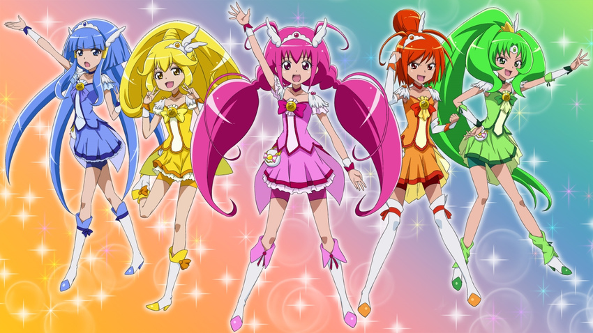 5girls aoki_reika cure_beauty cure_happy cure_march cure_peace cure_sunny hino_akane_(smile_precure!) hoshizora_miyuki kise_yayoi midorikawa_nao multiple_girls open_mouth precure shiny_hair smile_precure! sukima_sangyou tiara