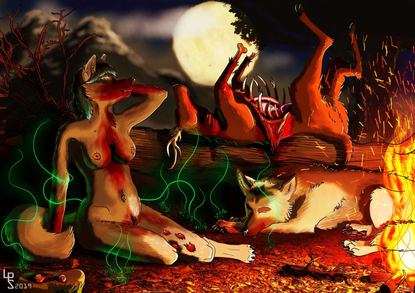 anthro blood bonfire breasts canid canine canis cervid digital_media_(artwork) female feral forest gore loopus magic male mammal moon mountain nude outside piercing pubes tree wolf