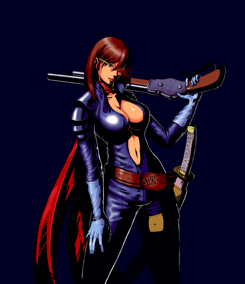 bangs belt blood bodysuit breasts brown_eyes brown_hair contrapposto glasses gloves gradient gradient_background katana large_breasts long_hair looking_at_viewer neckerchief nekosan no_bra oneechanbara reiko_(oneechanbara) simple_background solo sword thigh_strap unzipped weapon