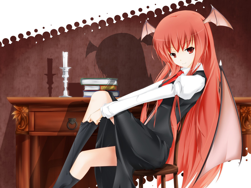 bad_id bad_pixiv_id bat_wings book candle cover-d dressing head_wings koakuma long_hair necktie red_eyes red_hair red_neckwear socks solo touhou wings
