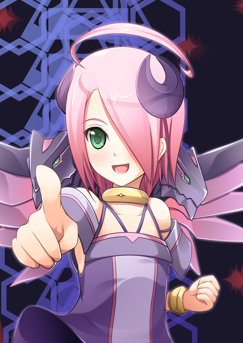 ahoge ar_ru ar_tonelico ar_tonelico_iii bracelet dragon dress green_eyes hair_over_one_eye highres horns itsuki_(spitbreak) jewelry open_mouth pink_hair pointing short_hair solo wings