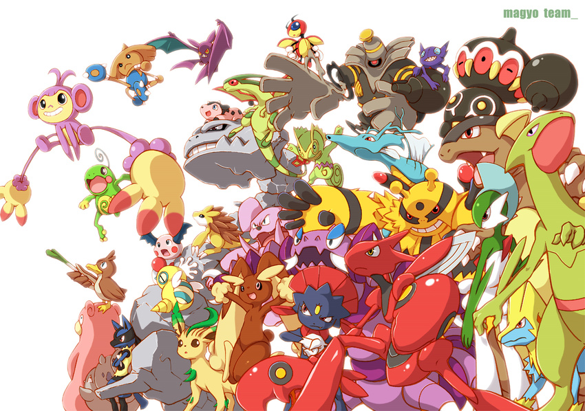 blue_eyes claydol crobat drapion dunsparce dusknoir electivire everyone farfetch'd flygon gallade gen_1_pokemon gen_2_pokemon gen_3_pokemon gen_4_pokemon granbull highres hitmontop kangaskhan kecleon kingdra leafeon ledian lopunny lucario magyo manectric miltank mr._mime no_humans pink_eyes pokemon pokemon_(creature) politoed red_eyes sableye sandslash sceptile scizor slowbro spring_onion steelix weavile