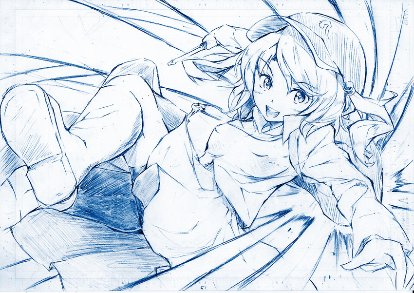 blue blue_background kawashiro_nitori monochrome sketch solo touhou vent_arbre