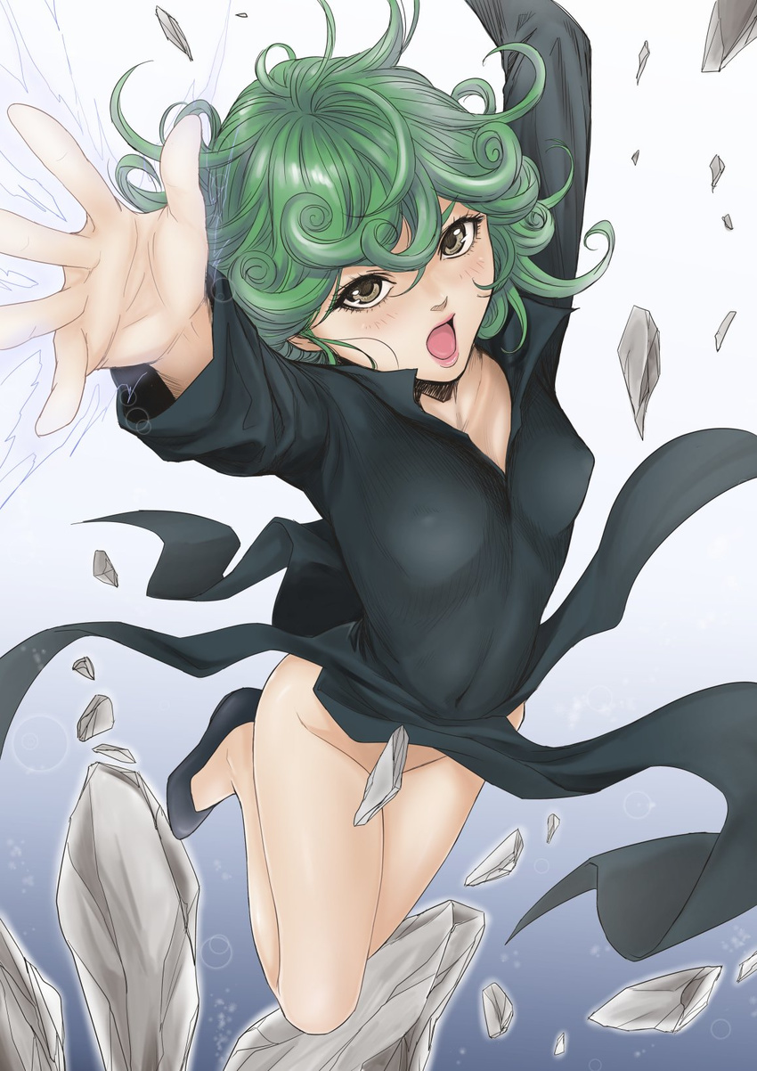 1girl black_dress black_shoes blush bottomless brown_eyes convenient_censoring curly_hair dress erect_nipples female flying from_above gradient gradient_background green_hair highres looking_at_viewer no_panties one-punch_man open_mouth redlight shoes short_hair simple_background small_breasts solo tatsumaki
