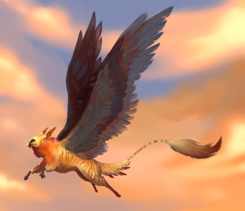 absurd_res ambiguous_gender avian claws cloud commander_ledi feathered_wings feathers feral flying fur grey_feathers gryphon hi_res orange_feathers orange_stripes outside red_sclera solo stripes white_eyes wings yellow_fur