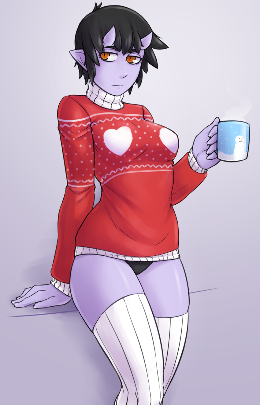 :/ black_hair black_panties cup heart highres horns ittla looking_at_viewer monster_girl no_pants oni orange_eyes original panties pointy_ears purple_skin red_sweater ribbed_legwear short_hair slit_pupils striped striped_legwear sweater thighhighs turtleneck ume_(ittla) underwear vertical-striped_legwear vertical_stripes white_legwear yellow_eyes