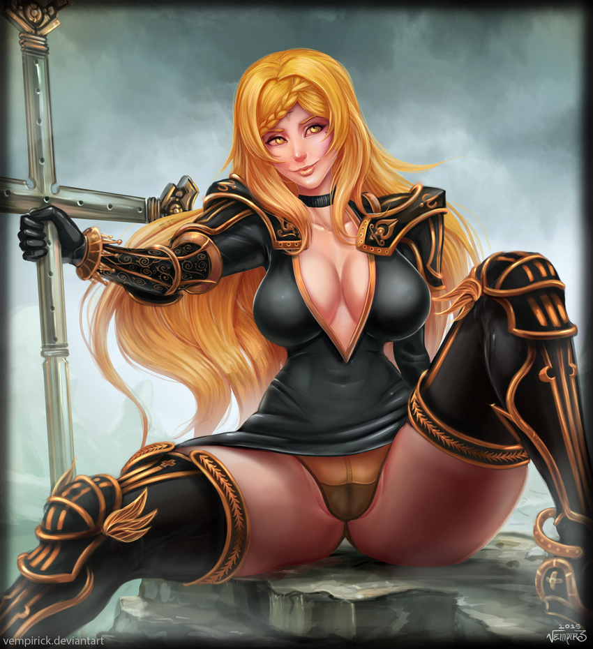 1girl blonde_hair breasts cameltoe choker cleavage drag-on_dragoon drag-on_dragoon_3 female five_(drag-on_dragoon) large_breasts long_hair looking_at_viewer sitting smile solo spread_legs sword thighhighs vempire yellow_eyes